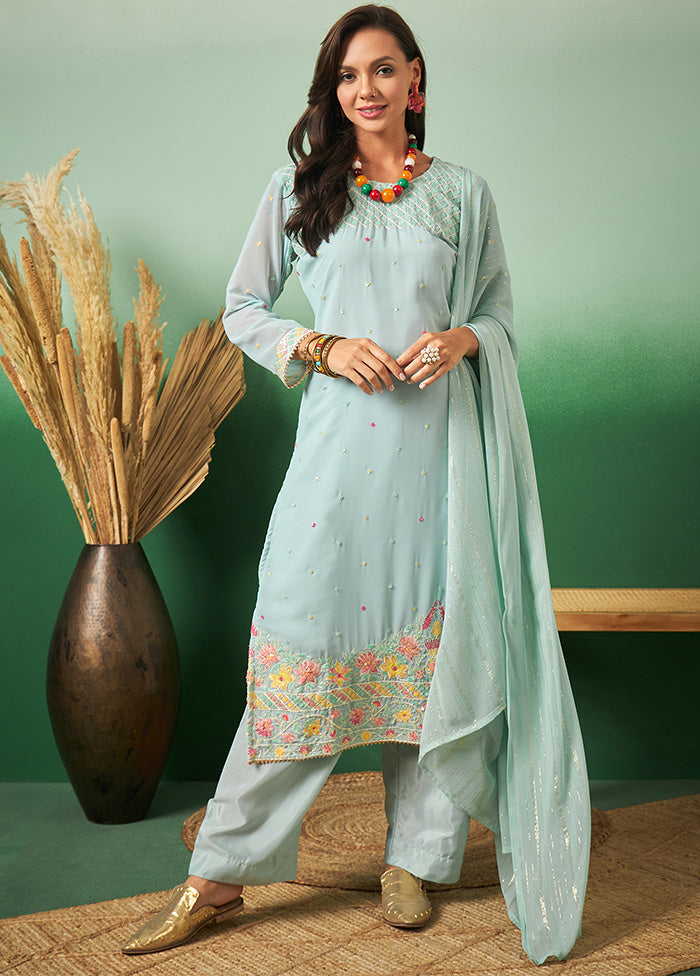 3 Pc Sky Blue Semi Stitched Georgette Suit Set