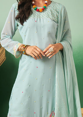 3 Pc Sky Blue Semi Stitched Georgette Suit Set