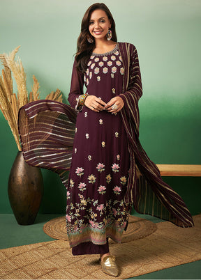 3 Pc Wine Semi Stitched Georgette Suit Set - Indian Silk House Agencies