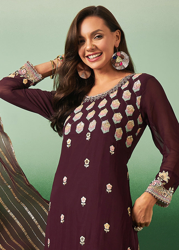 3 Pc Wine Semi Stitched Georgette Suit Set - Indian Silk House Agencies