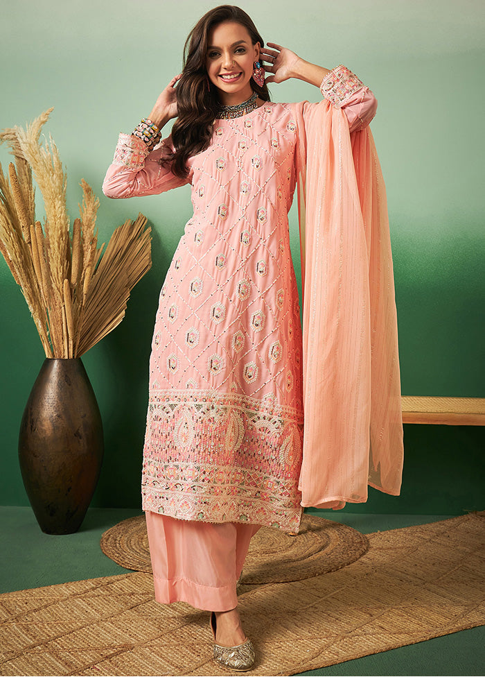 3 Pc Peach Semi Stitched Georgette Suit Set - Indian Silk House Agencies