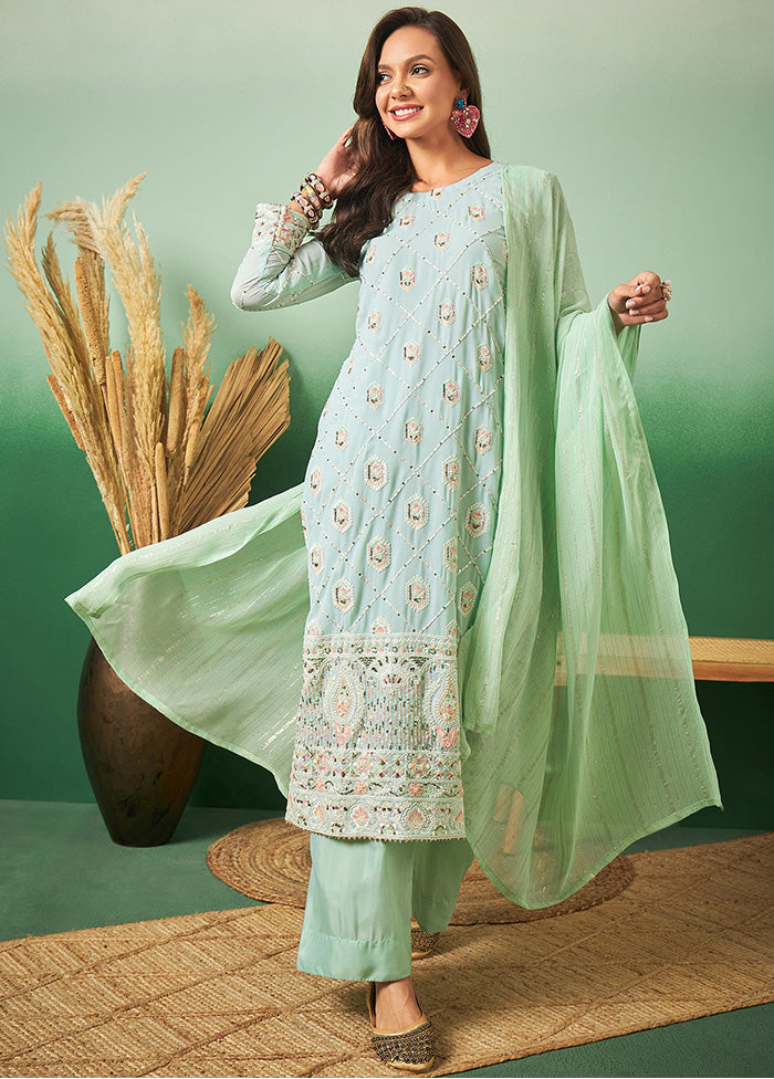 3 Pc Sea Green Semi Stitched Georgette Suit Set