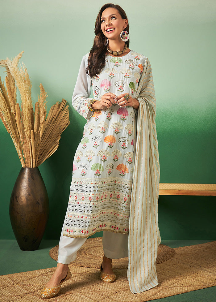 3 Pc Light Blue Semi Stitched Georgette Suit Set - Indian Silk House Agencies