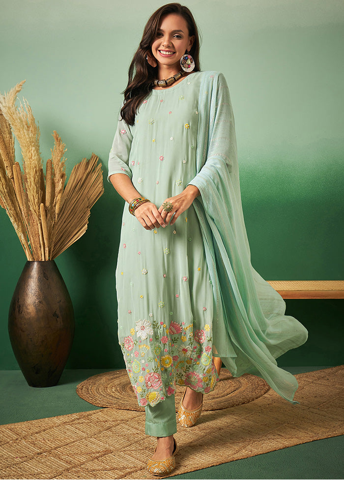 3 Pc Aqua Semi Stitched Georgette Suit Set - Indian Silk House Agencies