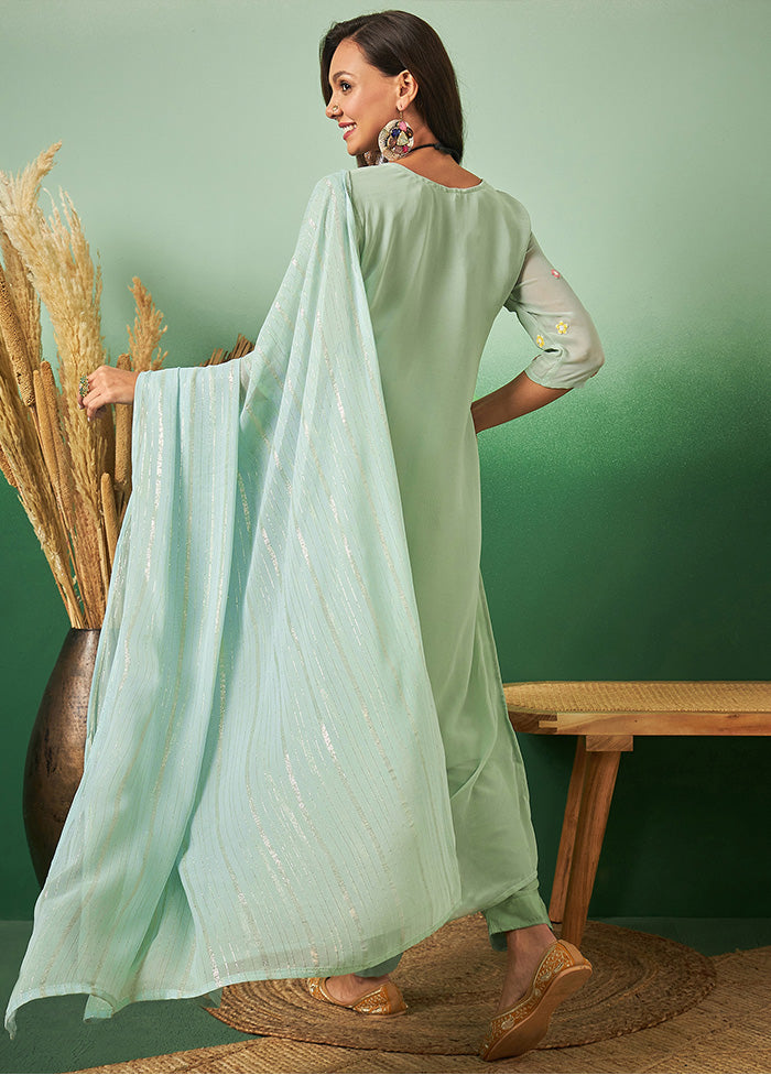 3 Pc Aqua Semi Stitched Georgette Suit Set - Indian Silk House Agencies