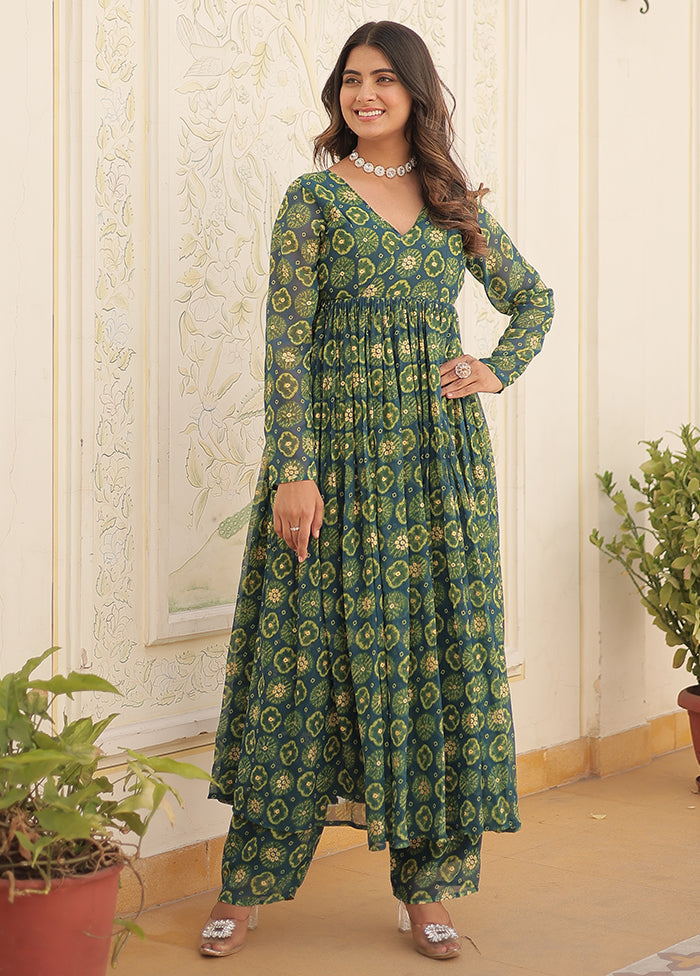 2 Pc Green Readymade Georgette Long Kurti Set - Indian Silk House Agencies