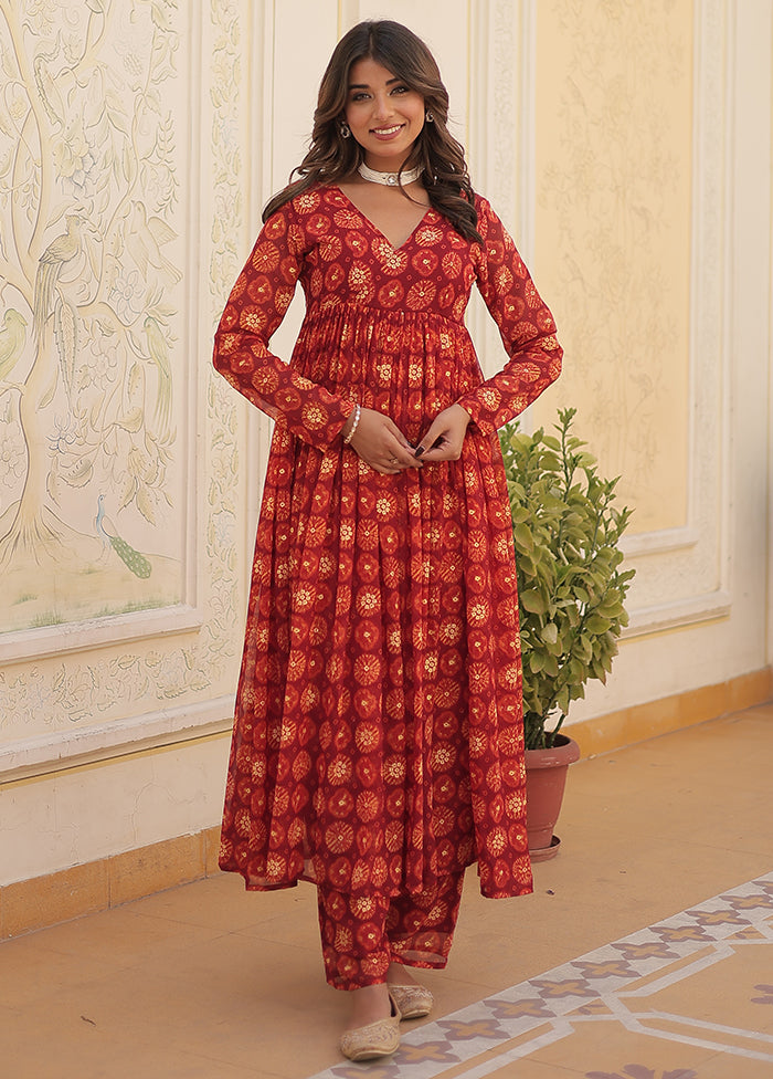 2 Pc Red Readymade Georgette Long Kurti Set - Indian Silk House Agencies