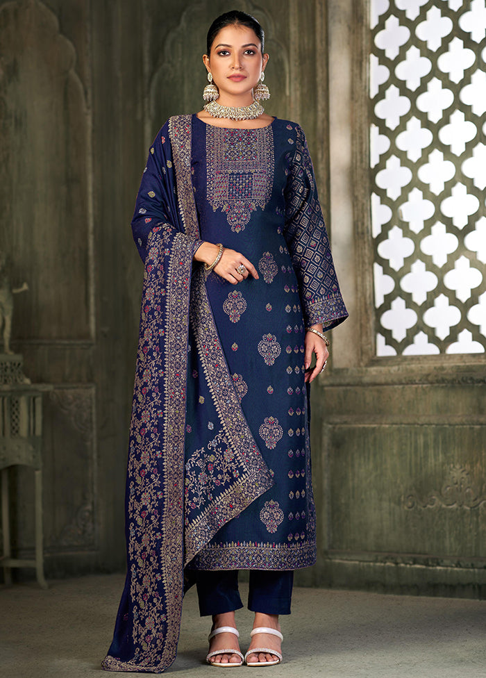 3 Pc Blue Semi Stitched Viscose Suit Set - Indian Silk House Agencies