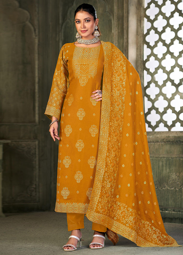 3 Pc Mustard Semi Stitched Viscose Suit Set - Indian Silk House Agencies