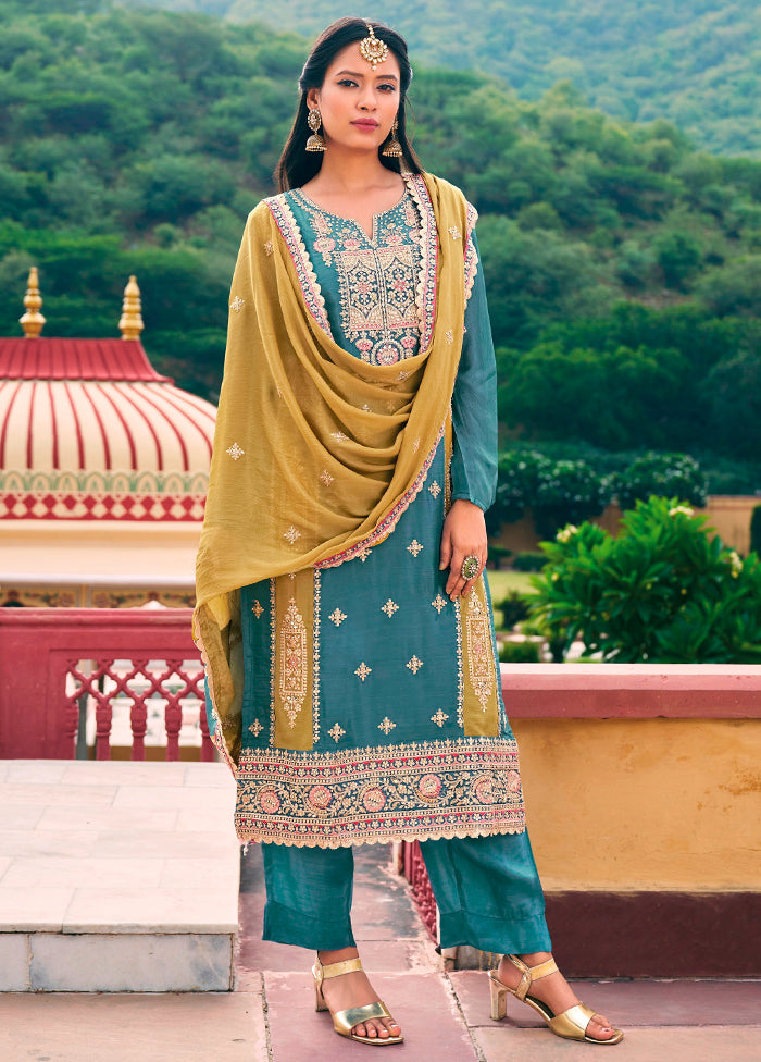 3 Pc Sky Blue Semi Stitched Silk Suit Set - Indian Silk House Agencies