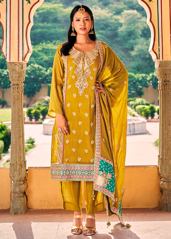 3 Pc Yellow Semi Stitched Silk Suit Set - Indian Silk House Agencies