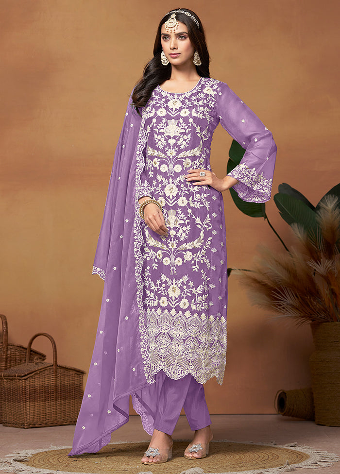 3 Pc Lavender Semi Stitched Net Suit Set - Indian Silk House Agencies