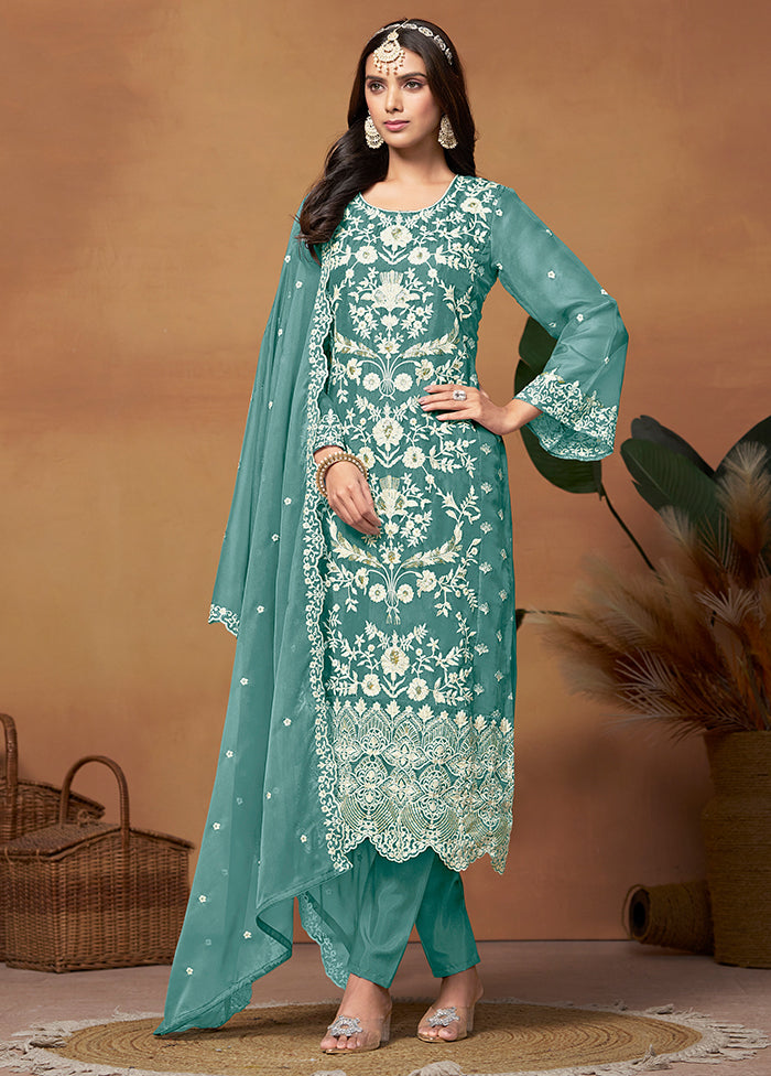 3 Pc Blue Semi Stitched Net Suit Set - Indian Silk House Agencies