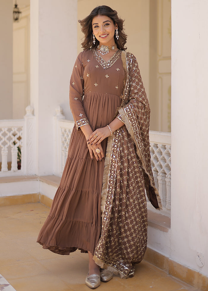 Coffee Readymade Georgette Indian Dress
