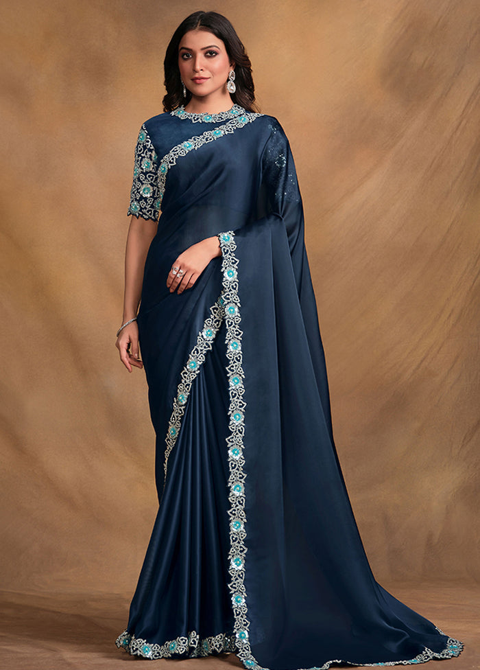 Teal Blue Satin Silk Saree With Blouse Piece - Indian Silk House Agencies