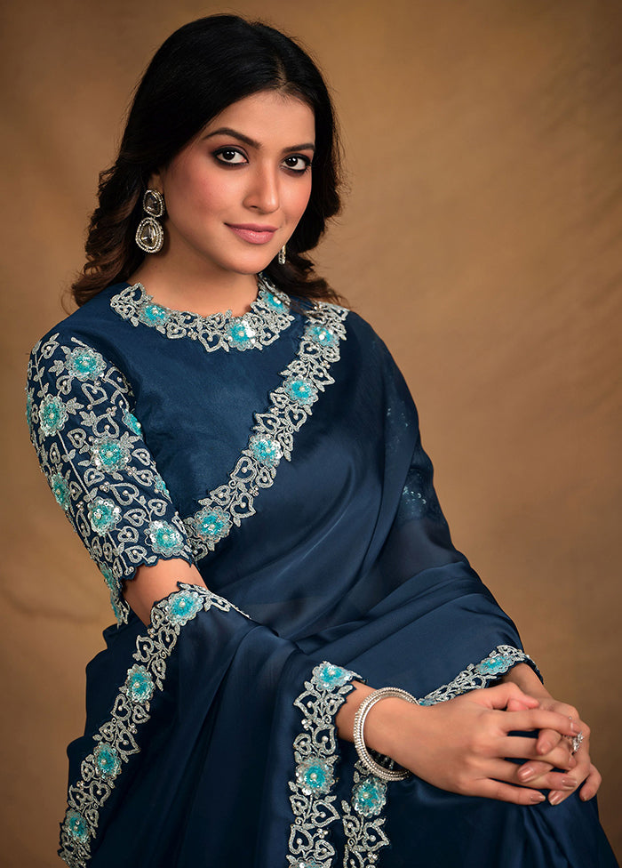 Teal Blue Satin Silk Saree With Blouse Piece - Indian Silk House Agencies