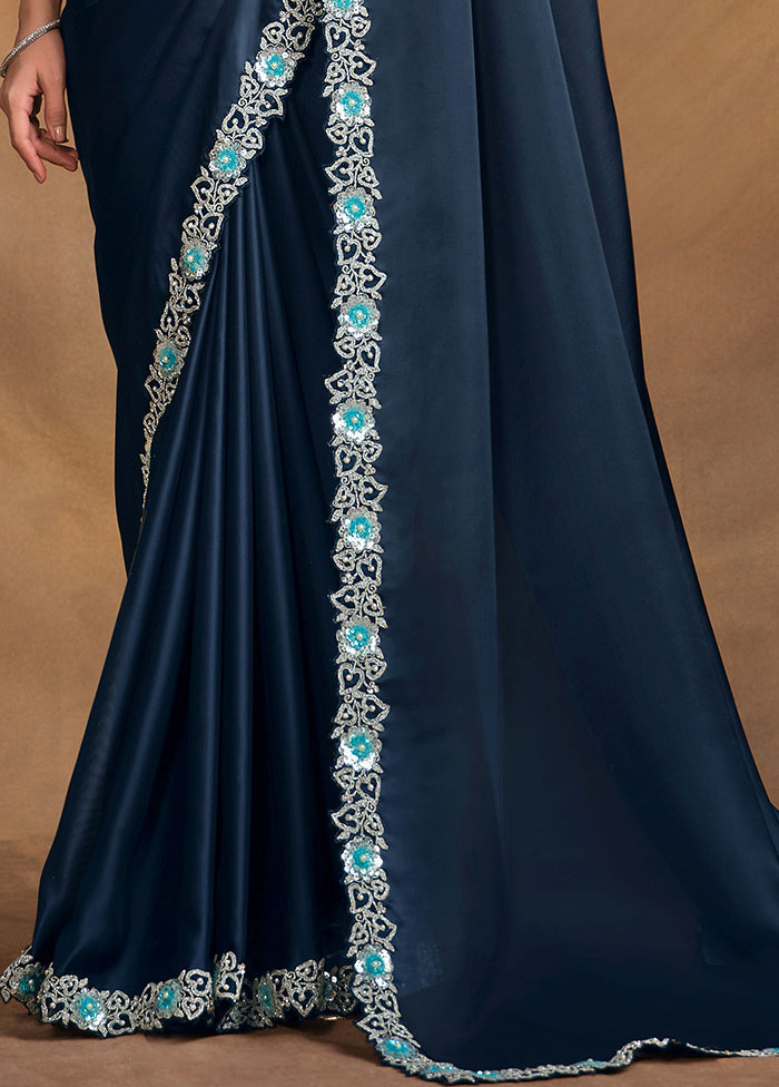 Teal Blue Satin Silk Saree With Blouse Piece - Indian Silk House Agencies
