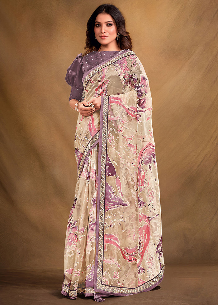 Cream Net Net Saree With Blouse Piece - Indian Silk House Agencies