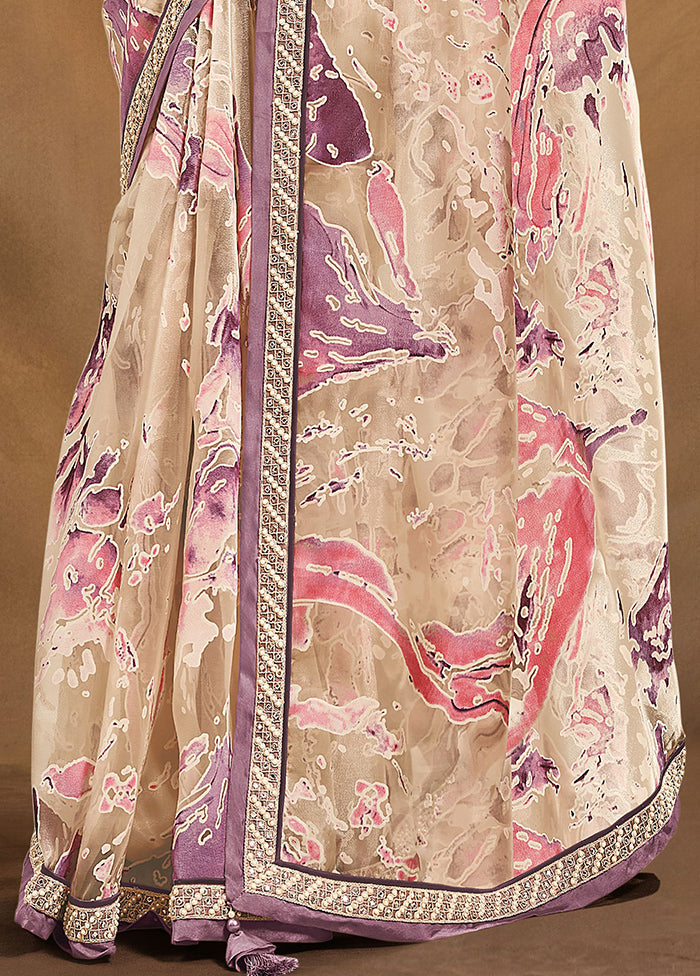 Cream Net Net Saree With Blouse Piece - Indian Silk House Agencies