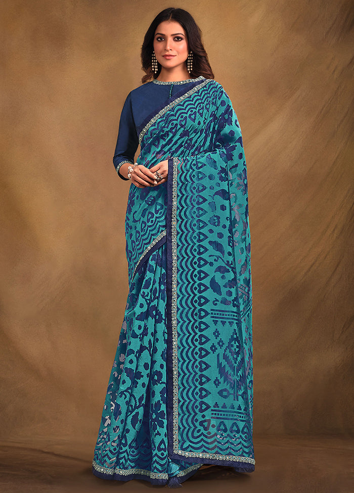 Blue Net Net Saree With Blouse Piece - Indian Silk House Agencies