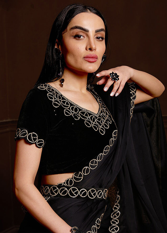 Black Satin Silk Saree With Blouse Piece - Indian Silk House Agencies