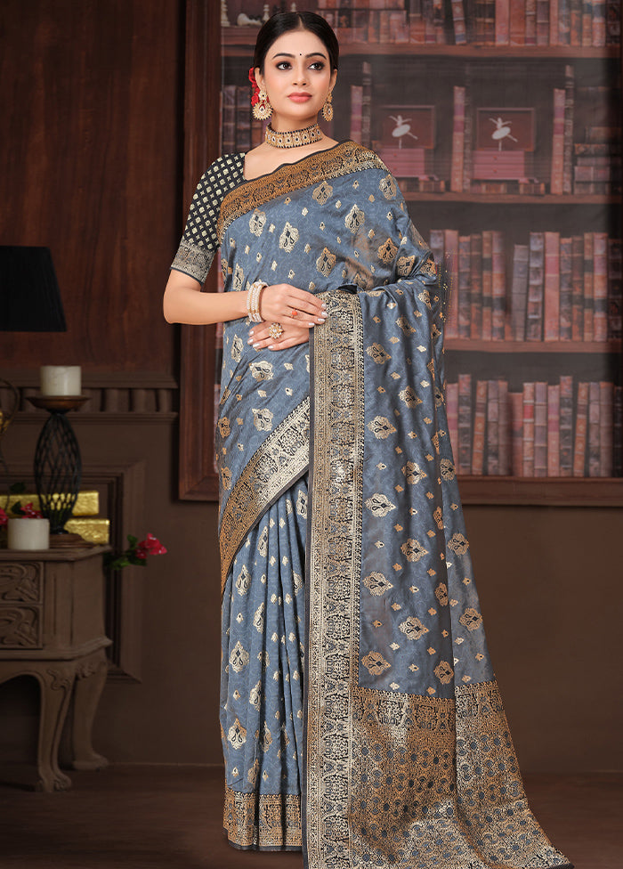 Grey Banarasi Silk Saree With Blouse Piece