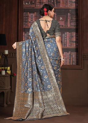 Grey Banarasi Silk Saree With Blouse Piece