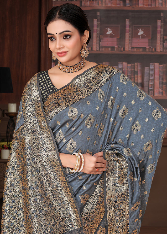 Grey Banarasi Silk Saree With Blouse Piece