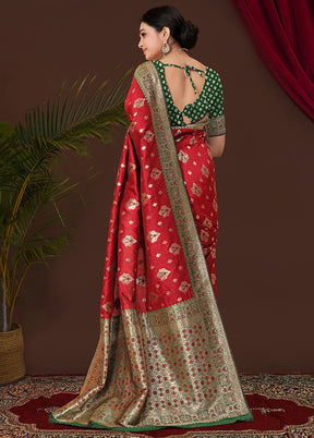 Red Banarasi Silk Saree With Blouse Piece