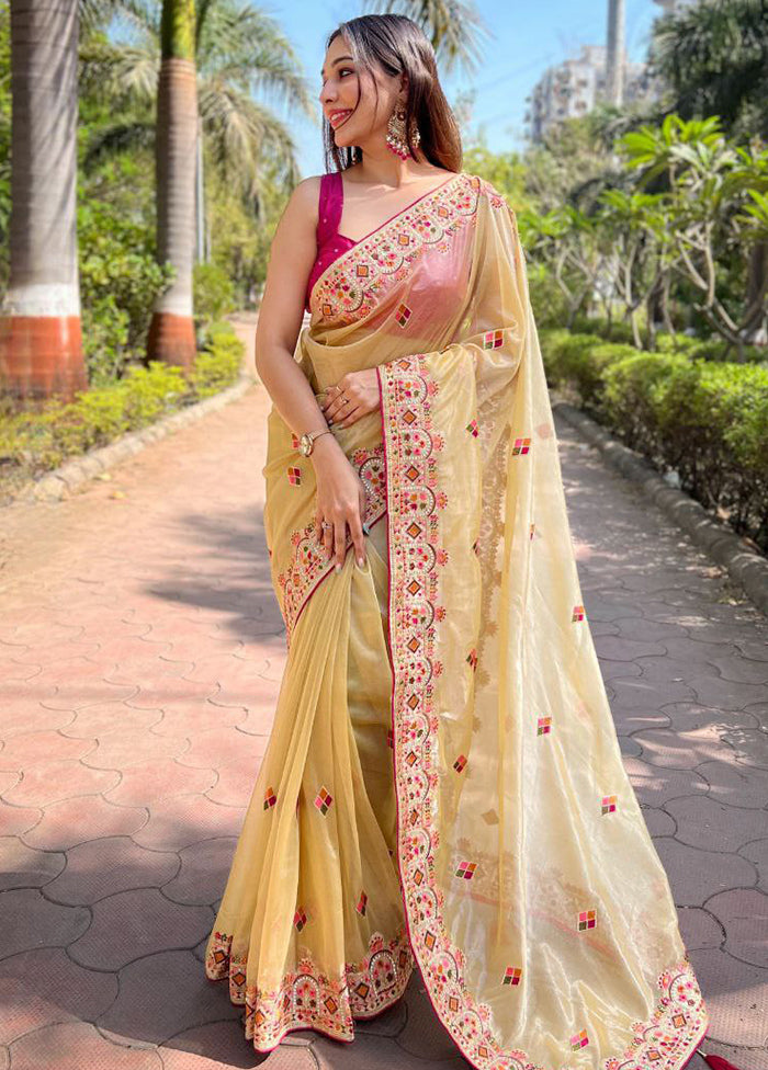 Beige Net Net Saree With Blouse Piece