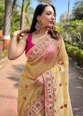 Beige Net Net Saree With Blouse Piece