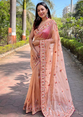 Peach Net Net Saree With Blouse Piece