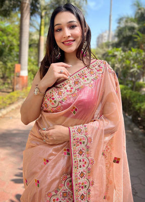 Peach Net Net Saree With Blouse Piece