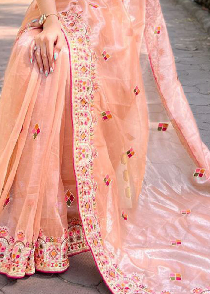 Peach Net Net Saree With Blouse Piece