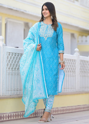 3 Pc Blue Readymade Cotton Dupatta Suit Set