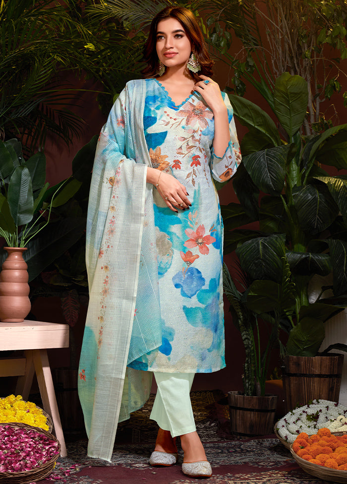 3 Pc Sky Blue Readymade Cotton Dupatta Suit Set