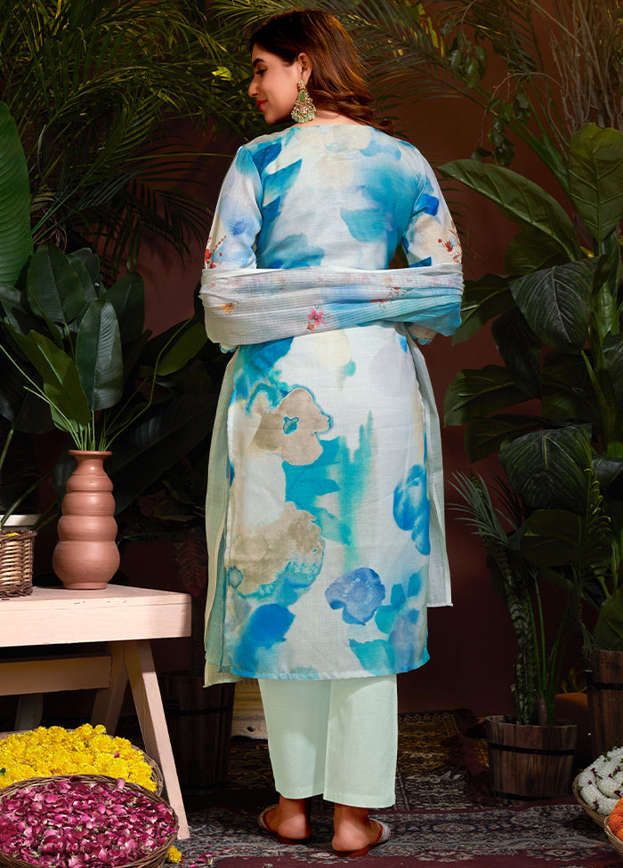 3 Pc Sky Blue Readymade Cotton Dupatta Suit Set