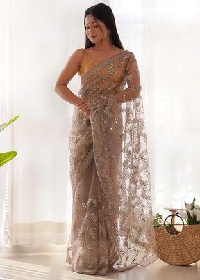 Beige Net Net Saree With Blouse Piece