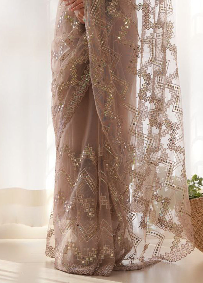 Beige Net Net Saree With Blouse Piece