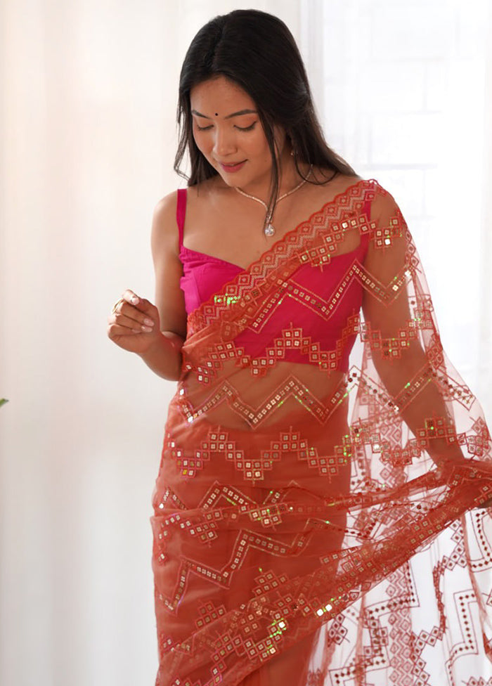 Orange Net Net Saree With Blouse Piece