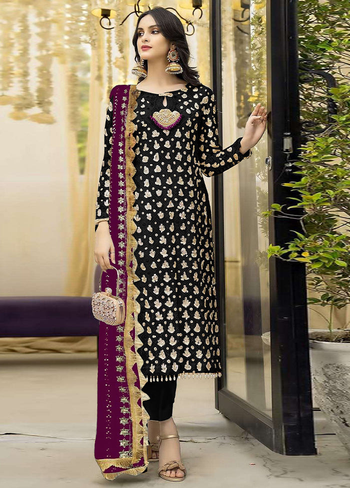 3 Pc Black Semi Stitched Georgette Suit Set