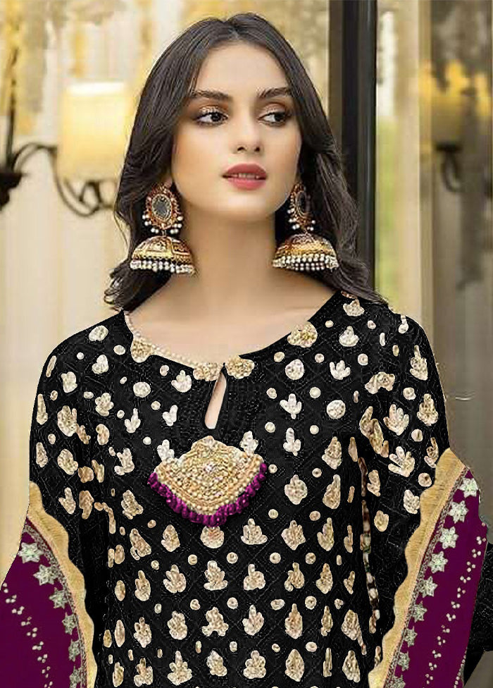 3 Pc Black Semi Stitched Georgette Suit Set