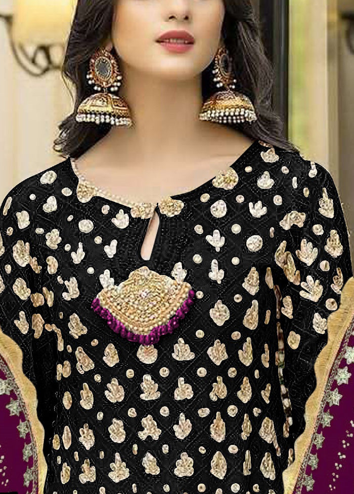 3 Pc Black Semi Stitched Georgette Suit Set