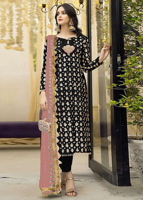 3 Pc Black Semi Stitched Georgette Suit Set