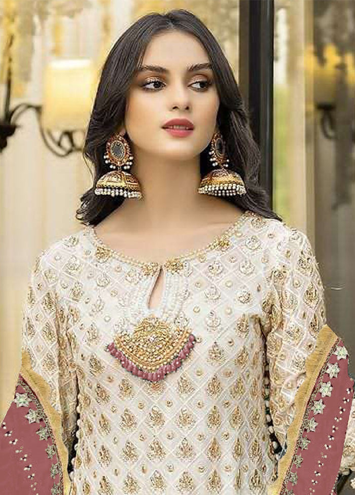 3 Pc Cream Semi Stitched Georgette Suit Set