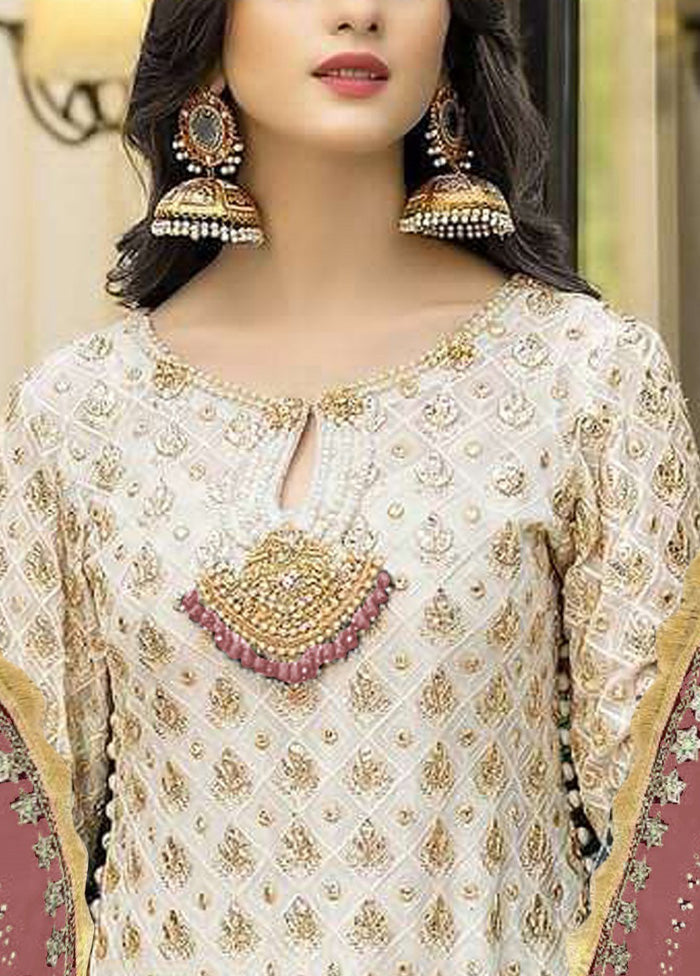 3 Pc Cream Semi Stitched Georgette Suit Set