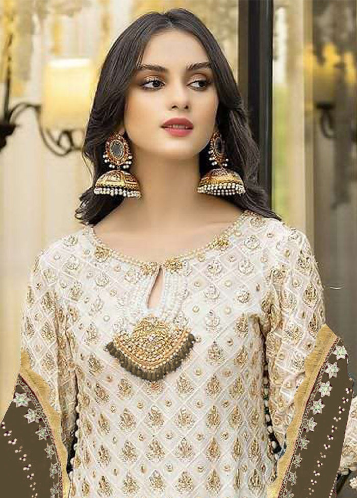 3 Pc Cream Semi Stitched Georgette Suit Set