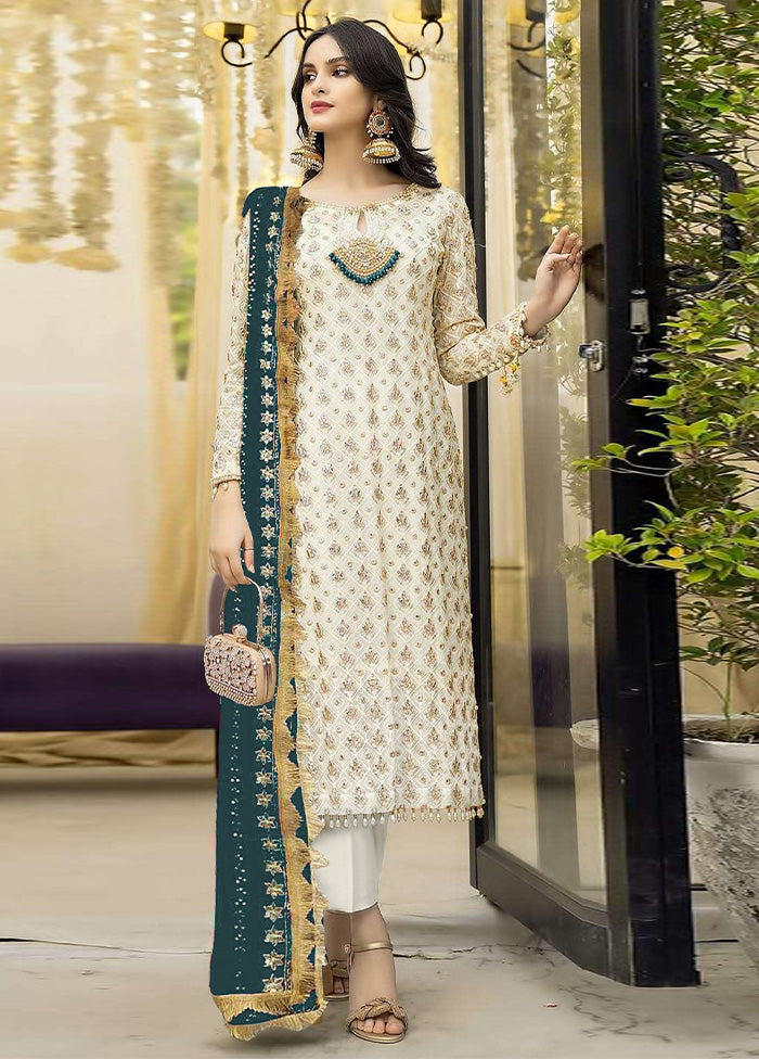 3 Pc Cream Semi Stitched Georgette Suit Set