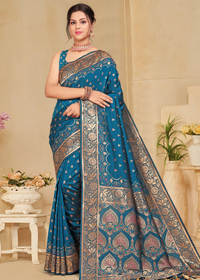 Blue Banarasi Silk Saree With Blouse Piece