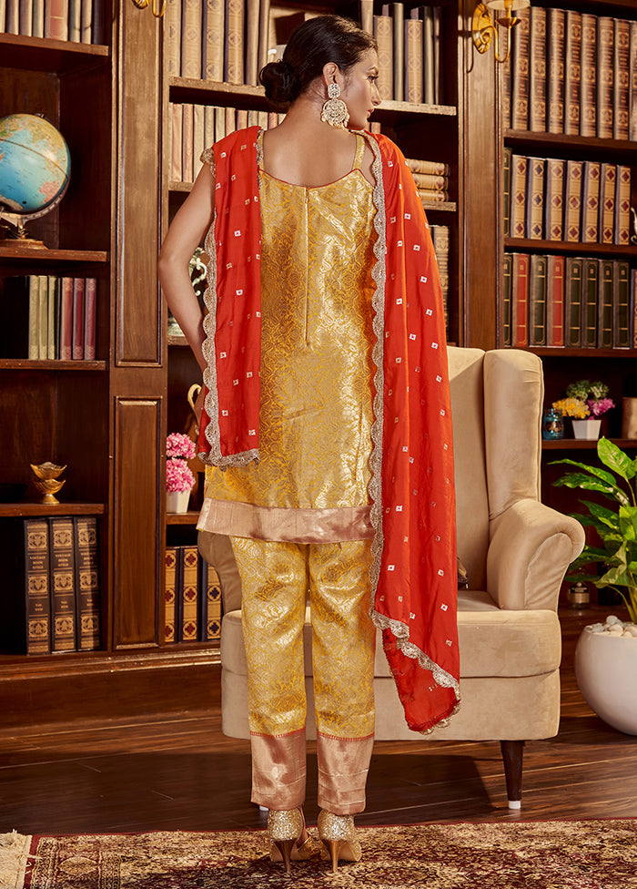 3 Pc Yellow Readymade Silk Dupatta Suit Set